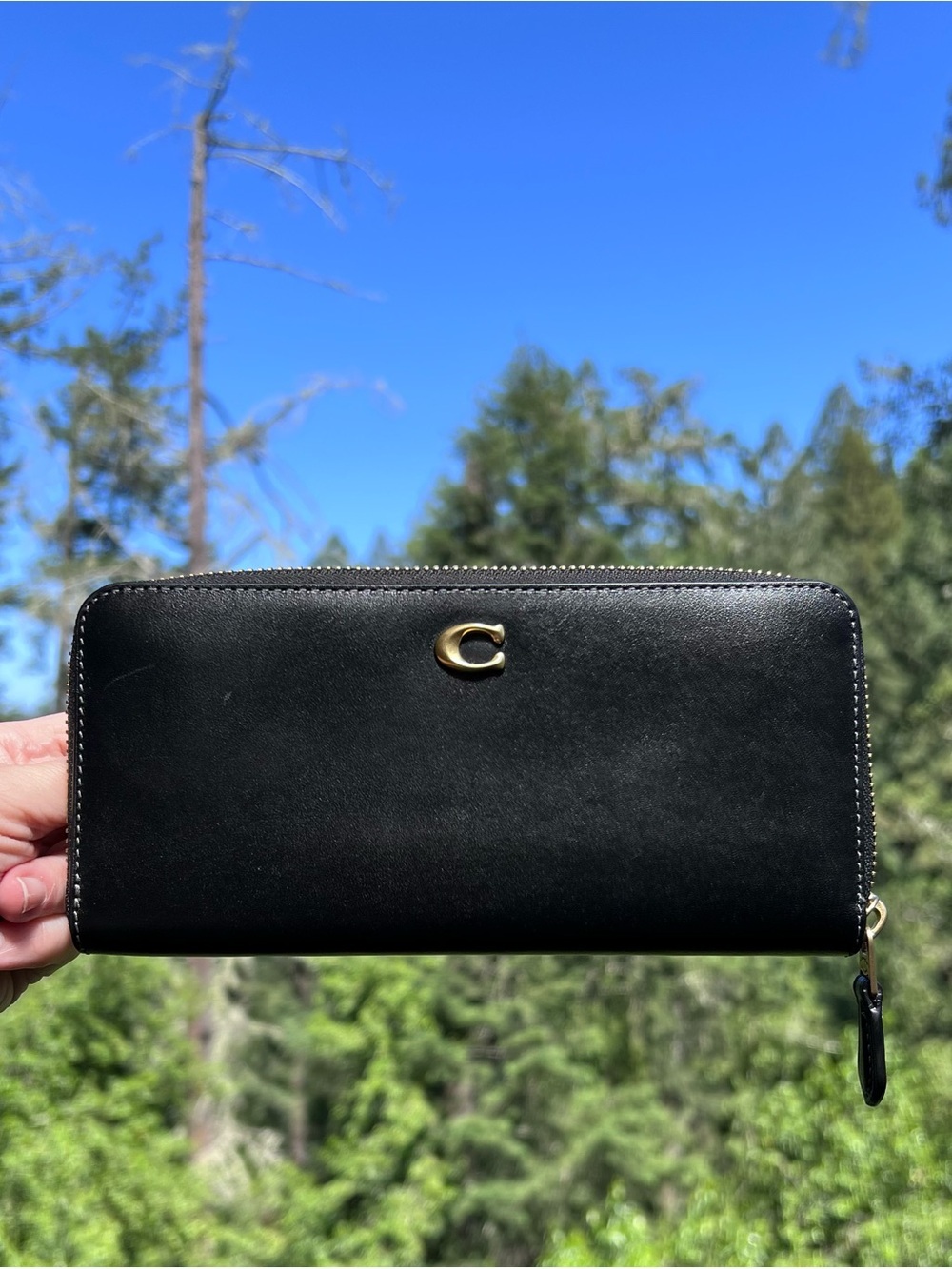 COACH BLACK Essential Slim Accordion Zip Wallet Smooth Leather w Gold Hardware